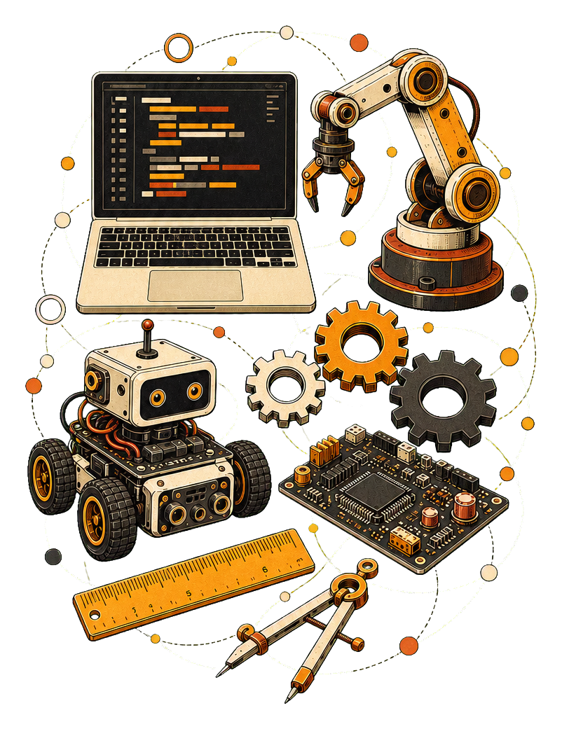 Clustered illustration of coding, robotics, electronics and practical engineering tools